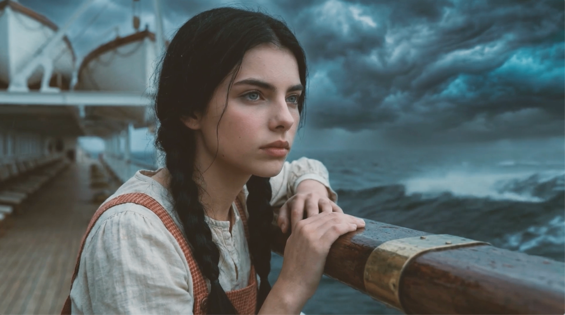 Dorothy on the deck of a steamship under a stormy sky